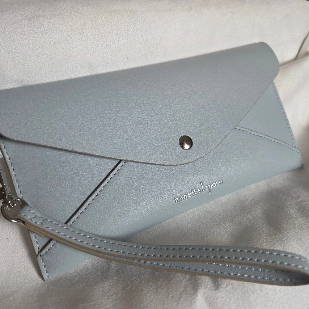 Nanette Lepore Pale Blue Envelope Wristlet Wallet Snap Closure Faux Leather Chic